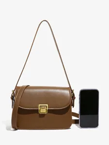 Sac à bandoulière marron classique pour femme rétro sac porté épaule avec serrure en métal.