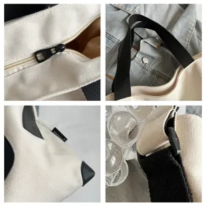 Canvas tote bag detail view, large capacity commuting student shoulder bag craftsmanship.