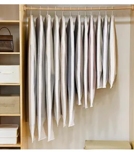 Hanging garment dust cover detail view showcasing translucent material and sturdy zipper design.