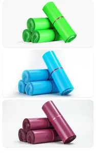Detailed view of colorful thick poly mailers rolls in green blue purple for shipping packaging.
