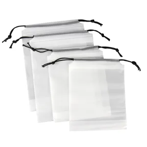 Frosted PE drawstring storage bags with black cords, perfect for toys, socks and travel organization.