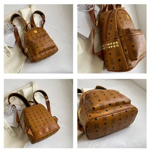 Bruine PU leer mini rugzak voor dames, vintage beren monogram print casual tas.