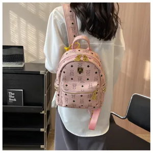 Roze PU lederen rugzak voor dames, schattige beren print vrije tijd dagrugzak, stijlvolle schooltas.