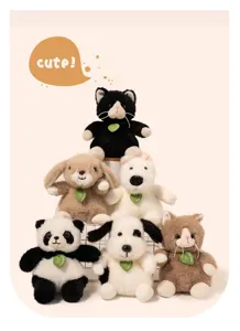 Cute animal plush toys set detail showing cute mini panda, cat, and rabbit dolls with leaf tags.