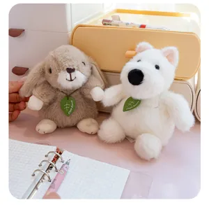 Cute plush toy set featuring brown bunny and white dog, soft stuffed animal mini dolls for gift.