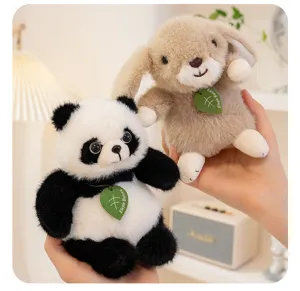 Cute plush panda and bunny toys, palm-sized stuffed animal dolls with leaf tags, soft gift.