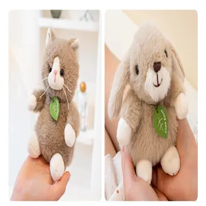 Cute mini plush toy cat and rabbit detail view, soft stuffed animal doll for gifts.