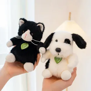 Cute black and white cat and dog plush toys, soft stuffed animal dolls, perfect gifts.