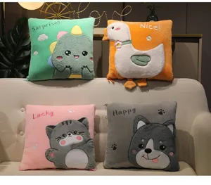 Cute cartoon animal plush pillow blanket 2-in-1, soft cushion for car office and nap use.