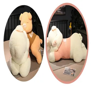 Large cute sweater pig plush toy lying soft huggable bolster pillow for sleeping girls