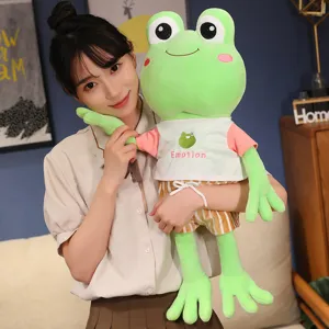 Adorable long leg frog plush toy wearing cute clothes, soft stuffed doll for gift.