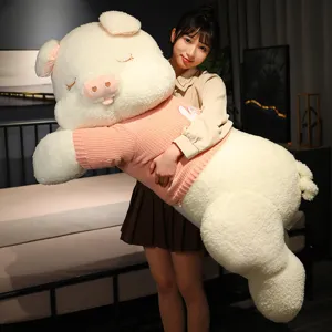 Giant sweater pig plush toy, cute lying pig large hugging pillow for girls sleeping.