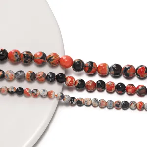 Faceted fire agate loose beads for DIY jewelry making, natural stone bead strands for crafts.