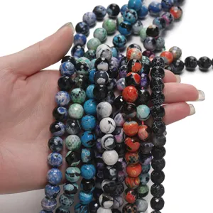 Faceted fire agate gemstone loose beads, colorful natural stone beading for DIY jewelry making.