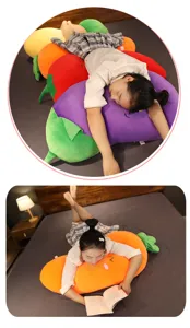 Soft vegetable plush pillow detail scene showing comfortable resting and reading on large carrot.