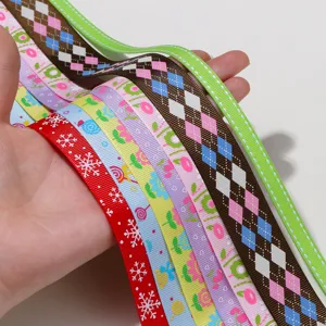 Detailed shot of colorful grosgrain ribbon set with argyle, snowflake and floral patterns.