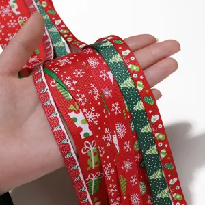 Christmas grosgrain ribbon detail, festive snowflake and tree pattern for DIY bows.