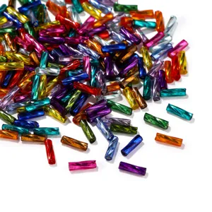 Colorful twisted glass bugle beads detail, transparent cylinder bead for DIY jewelry making.
