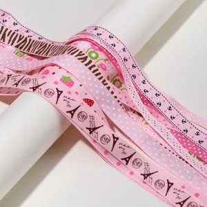 Pink printed grosgrain ribbon detail, Eiffel tower and floral patterns for DIY hair bows.