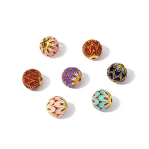 Vintage colorful enamel loose beads with gold filigree floral design for DIY jewelry making.