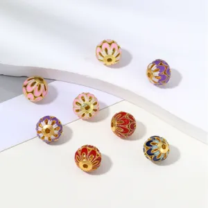 Vintage gold-plated enamel flower spacer beads for DIY bracelet necklace jewelry making accessories.
