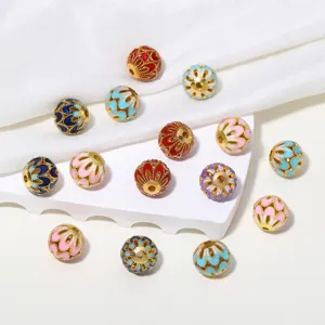 Colorful cloisonne enamel beads for DIY jewelry making, vintage style gold-plated spacer beads.
