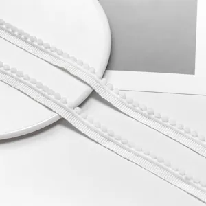 White pom-pom fringe trim ribbon for DIY doll clothes, hair accessories and gift box decoration.