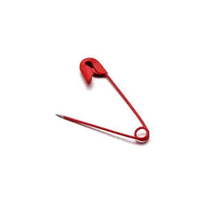 Detailed view of a red safety pin, ideal for DIY jewelry making and clothing accessories.