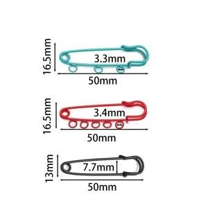 5cm colorful safety pin size details, 3-hole and 5-hole DIY brooch accessory dimensions.