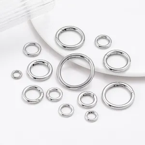 Stainless steel round spring rings multi-size snap hooks for DIY jewelry keychains and crafts.