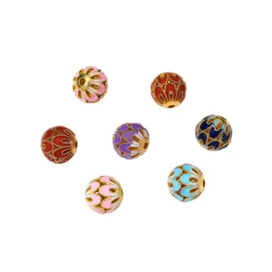 Colorful enamel cloisonne flower beads set, vintage gold metal DIY loose jewelry crafting.