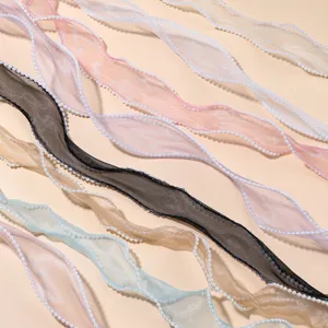 Close-up detail of sheer organza ribbons featuring delicate pearl beaded edges in multi colors.