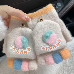 Cute winter knit flip-over half-finger gloves for women with warm multi-color fingers and strawberry.