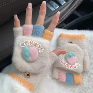 Cute knit flip-top half-finger warm gloves for women winter fingerless windproof outdoor cycling.