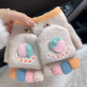 Cute knit flip fingerless gloves for women winter warm strawberry design cute mittens.