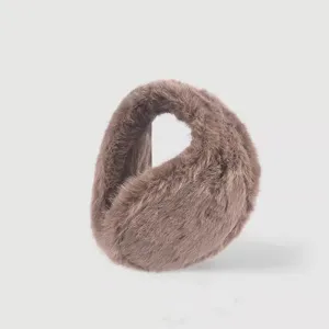 Plush winter earmuffs detail shot, soft warm faux fur ear warmers for cold weather riding.