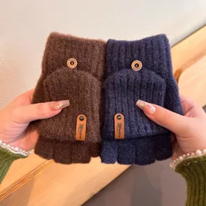 Knit half-finger gloves winter warm flip cover convertible gloves brown and navy blue
