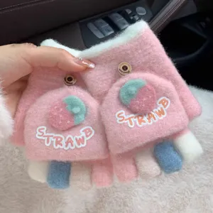 Cute flip-top fingerless plush gloves for women winter warmth strawberry design style