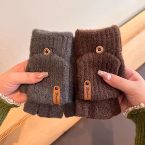 Men's Women's Winter Warm Acrylic Knit Gloves Solid Color Vertical Striped Flip Half-Finger Gloves Cold-Weather Gear