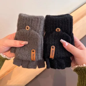 Winter warm knit half finger gloves for men and women solid color fleece convertible design