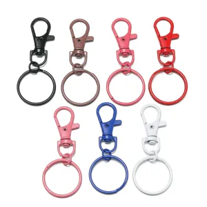 Colorful zinc alloy lobster clasp keychains with rotating dog clip and round rings for DIY bags.
