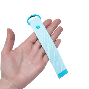Close-up detail of the light blue woven keychain strap with metal clasp and snap button.