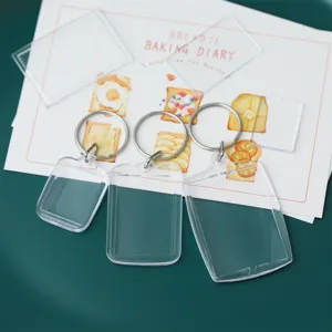 Clear acrylic blank photo frame keychain detail, transparent DIY insert picture holder for gifts.