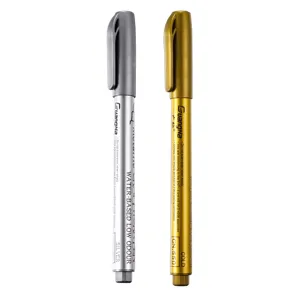 Close-up detail of metallic marker pens in silver and gold, water-based low odour ink design.