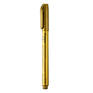 Metallic marker pen detail view, gold color body with clear print and fine tip design.