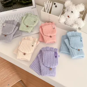 Cute winter knit half-finger convertible gloves for women, warm and stylish pastel colors.