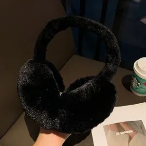 Black plush earmuffs for women winter cute warm ear protection windproof skiing gear