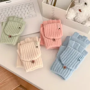 Winter women knitted fingerless convertible gloves warm cute writing typing pastel colors
