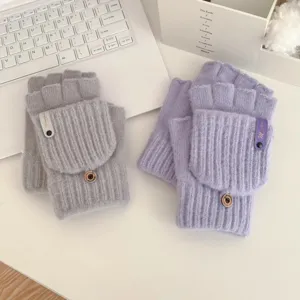 Winter women knit convertible fingerless gloves warm cute student writing solid color pair
