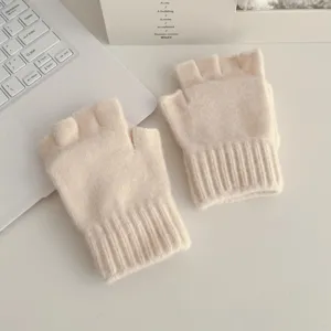 Beige knit fingerless gloves for winter warm typing cute soft half finger student gloves detail